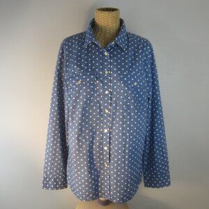 New Talbots L Blue White Polka Dot LS Cotton Shirt Classic Preppy Pockets